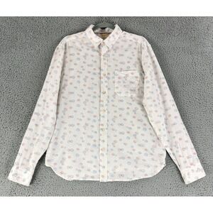 Koto Mens Button Down Shirt Medium White Cotton Linen Red Blue Geometric Print
